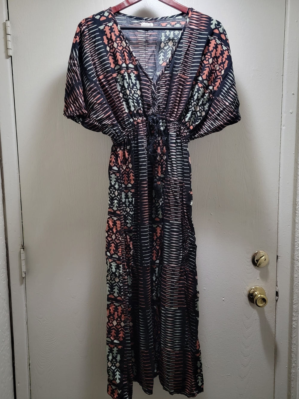 Cost Plus World Market Black Kaftan Maxi Dress with Coral & Mint Pattern